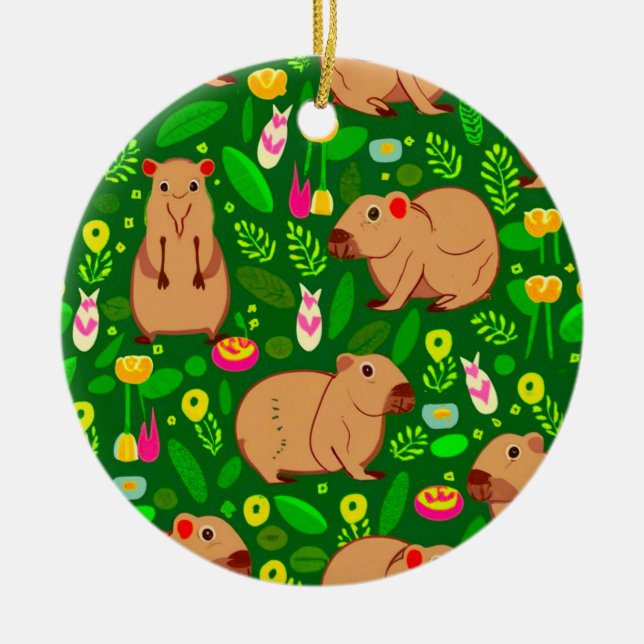 Capybara Sketch with Spring Flowers on Green Ceramic Ornament (Front)