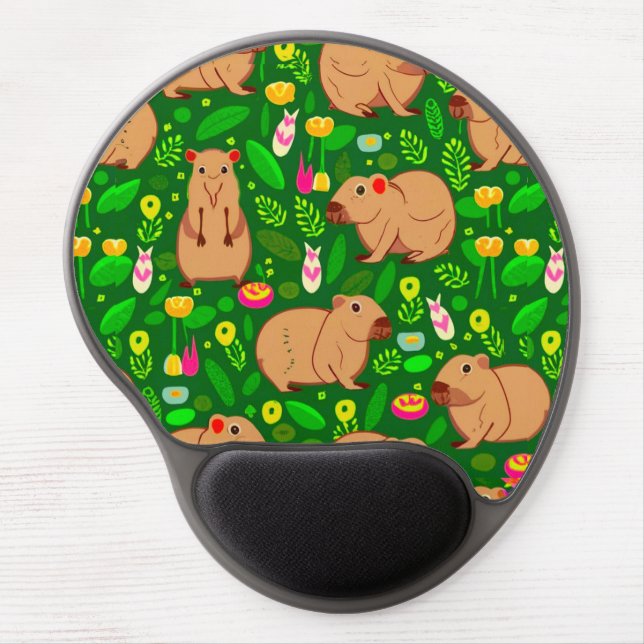 Capybara Sketch with Spring Flowers on Green Gel Mouse Pad (Front)