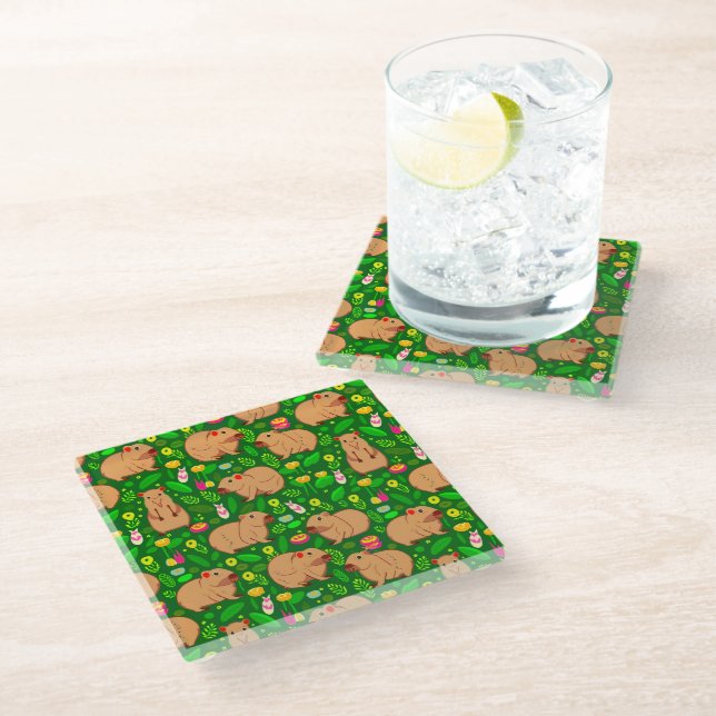 Capybara Sketch with Spring Flowers on Green Glass Coaster (Angled)