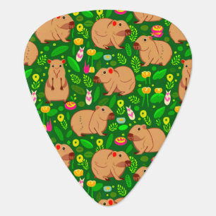 Capybara Sketch with Spring Flowers on Green Guitar Pick