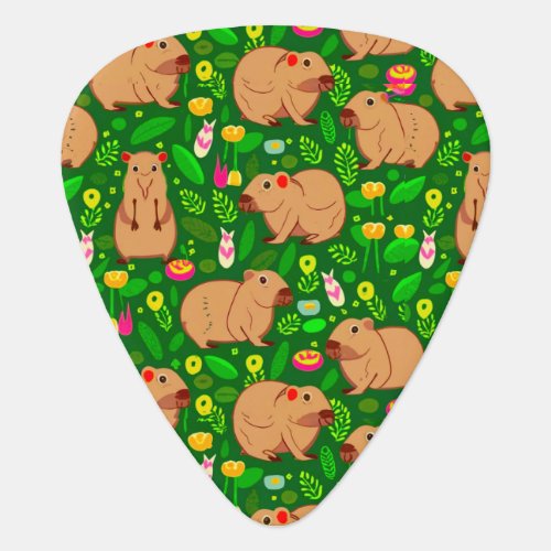 Capybara Sketch with Spring Flowers on Green Guitar Pick