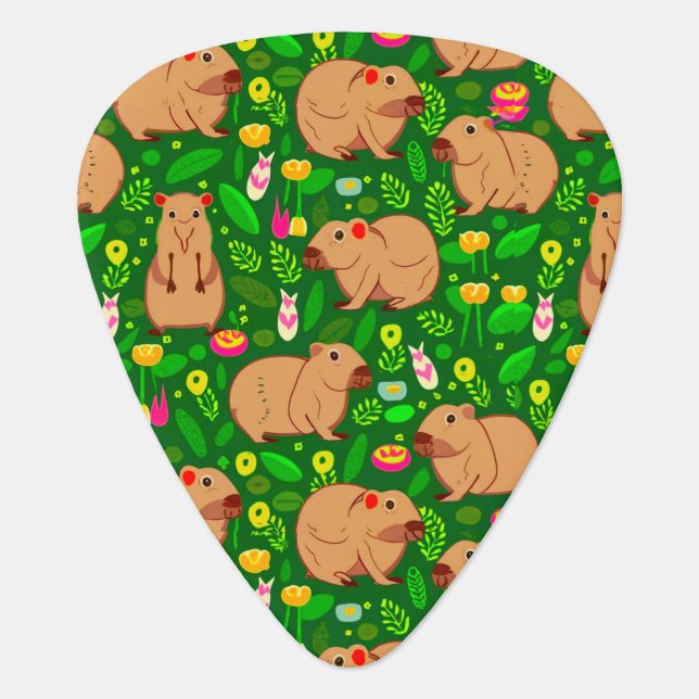 Capybara Sketch with Spring Flowers on Green Guitar Pick (Front)