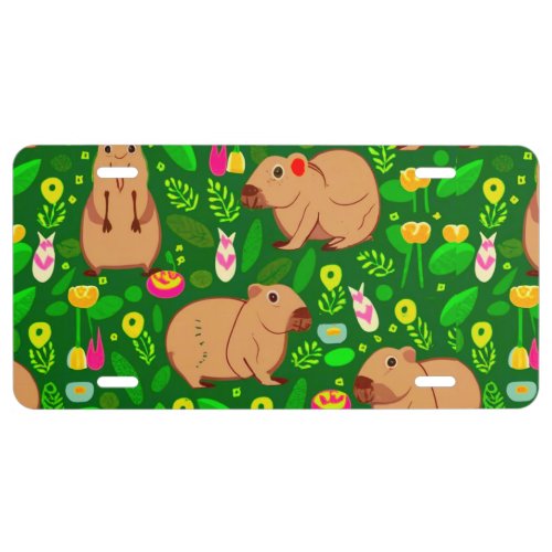 Capybara Sketch with Spring Flowers on Green License Plate