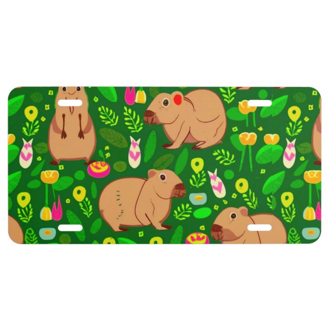 Capybara Sketch with Spring Flowers on Green License Plate (Front)