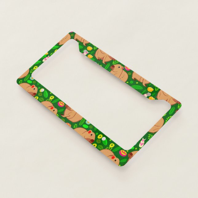 Capybara Sketch with Spring Flowers on Green License Plate Frame (3/4)