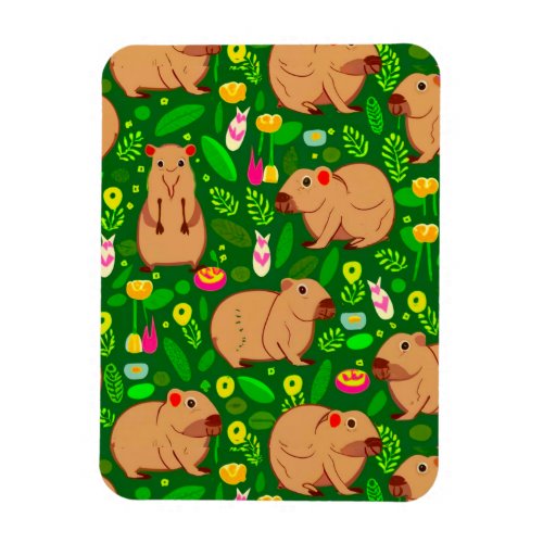 Capybara Sketch with Spring Flowers on Green Magnet