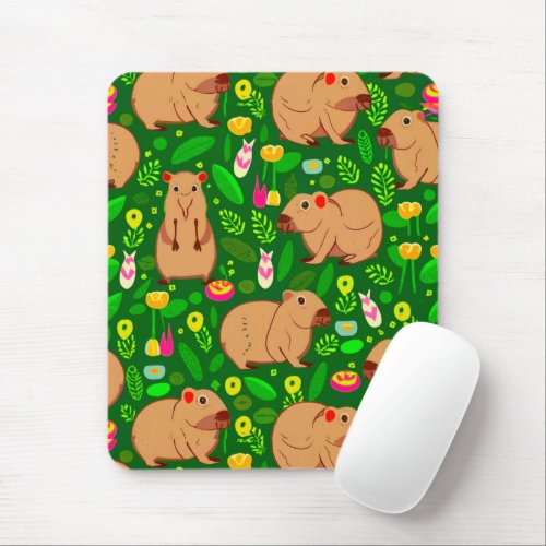 Capybara Sketch with Spring Flowers on Green Mouse Pad
