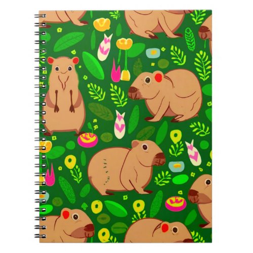 Capybara Sketch with Spring Flowers on Green Notebook