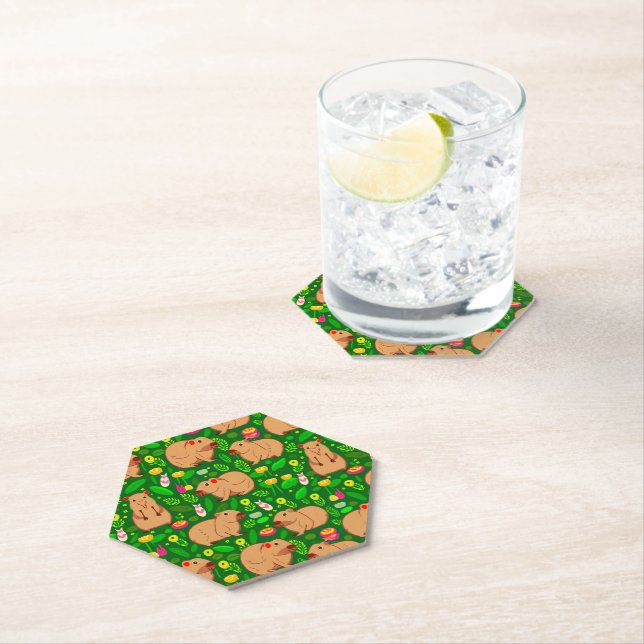 Capybara Sketch with Spring Flowers on Green Paper Coaster (Insitu)