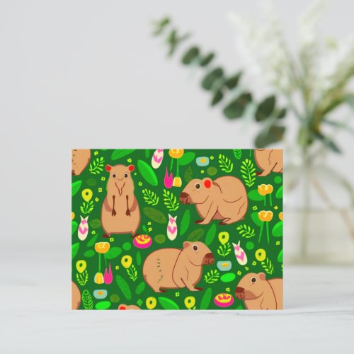 Capybara Sketch with Spring Flowers on Green Postcard