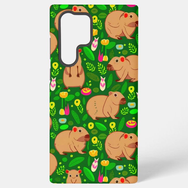 Capybara Sketch with Spring Flowers on Green Samsung Galaxy Case (Back)