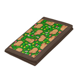 Capybara Sketch with Spring Flowers on Green Tri-fold Wallet
