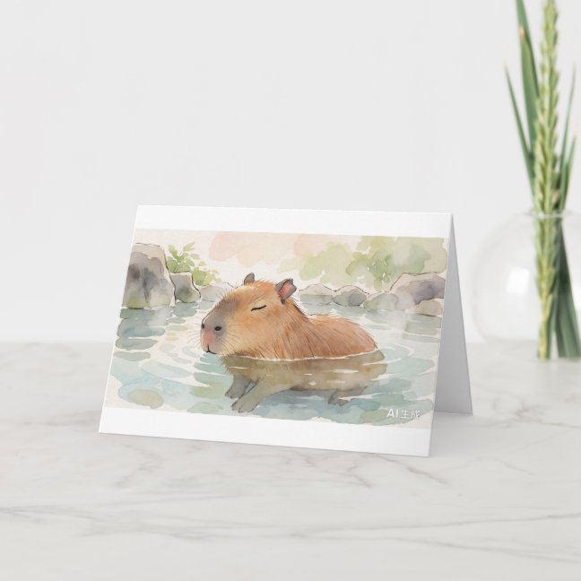 Capybara Sleeping In The Warm Onsen Pool Greeting  Card