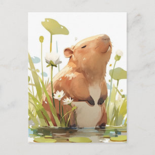 Capybara Standing in Pond with White Water Lily Postcard