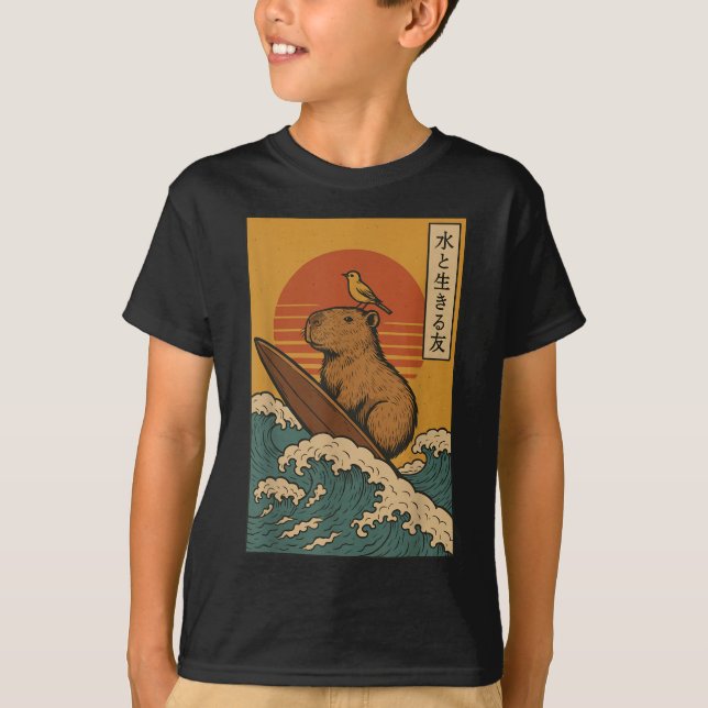 Capybara Surfing Japanese  T-Shirt (Front)