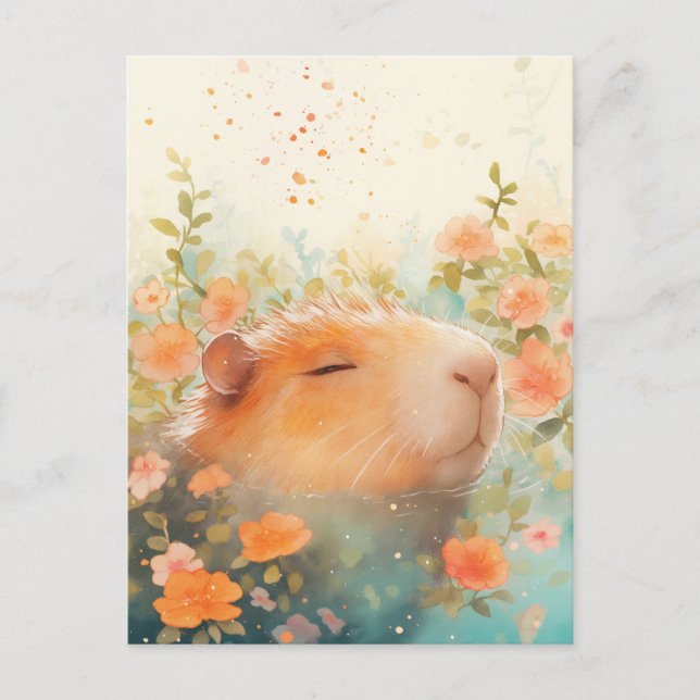 Capybara Swimming in Peach Wildflower Pond Postcard (Front)