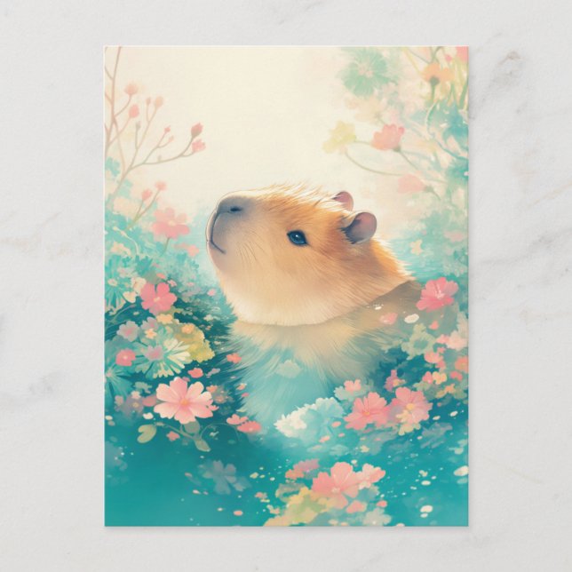 Capybara Swimming in Pink Wildflower Pond Postcard (Front)