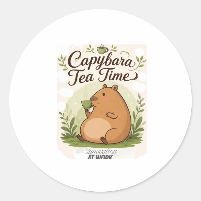 Capybara Tea Time | Cute Capybara Drinking Tea Fun Classic Round Sticker (Front)