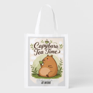 Capybara Tea Time Cute Capybara Drinking Tea Fun Grocery Bag
