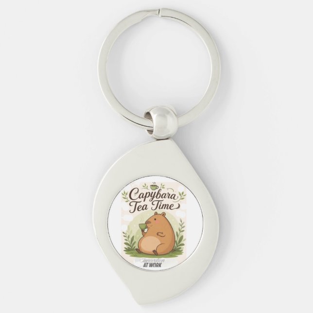 Capybara Tea Time | Cute Capybara Drinking Tea Fun Keychain (Front)