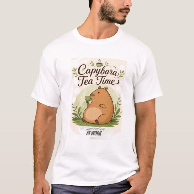 Capybara Tea Time | Cute Capybara Drinking Tea Fun T-Shirt (Front)