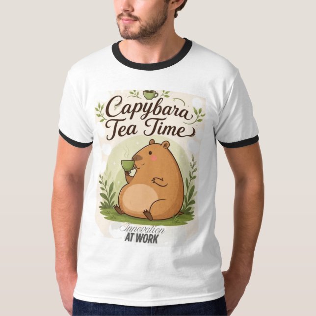 Capybara Tea Time | Cute Capybara Drinking Tea Fun T-Shirt (Front)