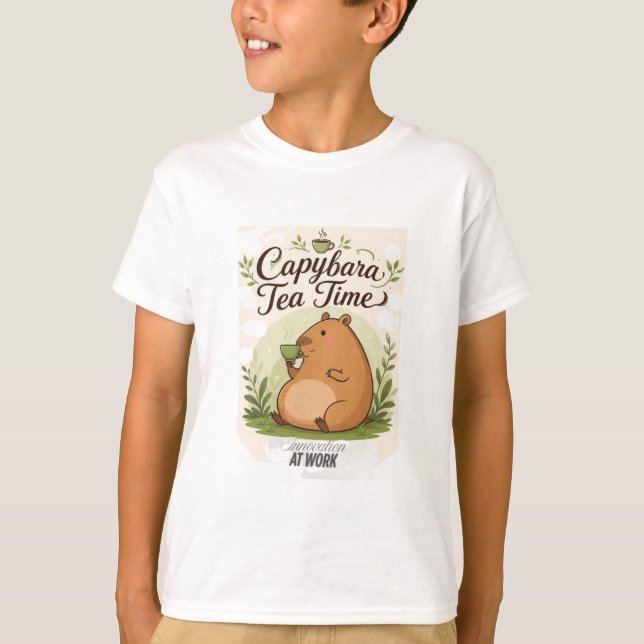 Capybara Tea Time | Cute Capybara Drinking Tea Fun T-Shirt (Front)