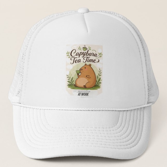 Capybara Tea Time | Cute Capybara Drinking Tea Fun Trucker Hat (Front)