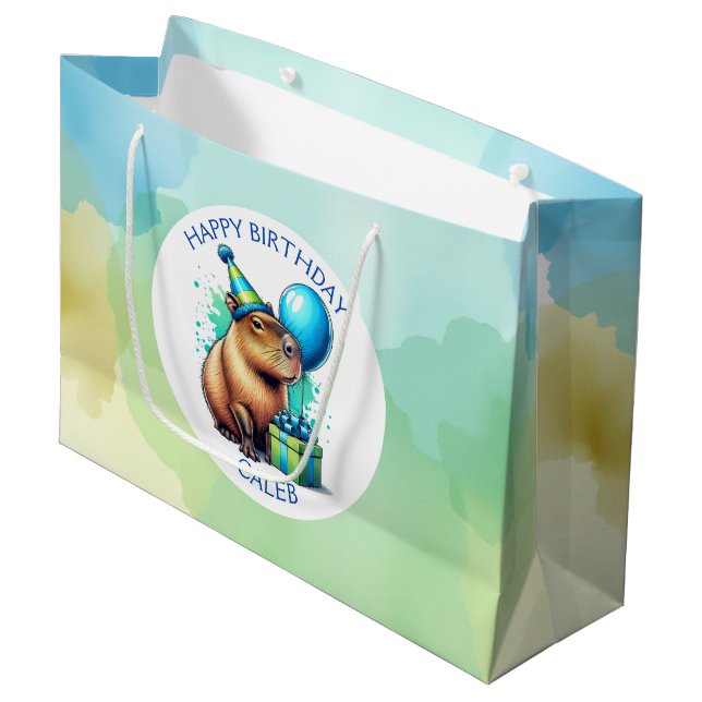  Capybara Themed Boy's Birthday Party Personalized Large Gift Bag (Front Angled)