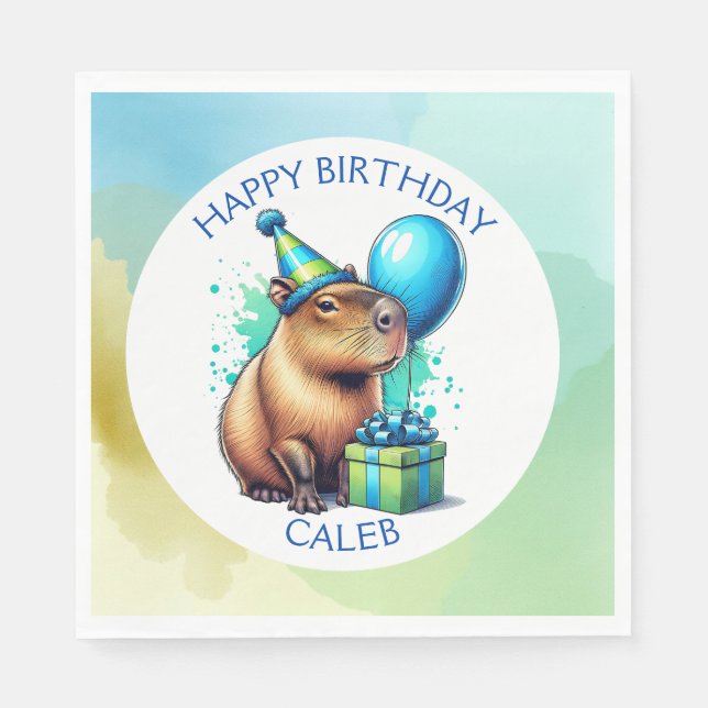  Capybara Themed Boy's Birthday Party Personalized Napkins (Front)