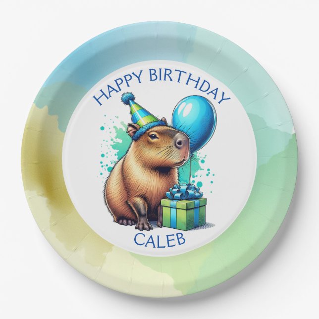  Capybara Themed Boy's Birthday Party Personalized Paper Plates (Front)