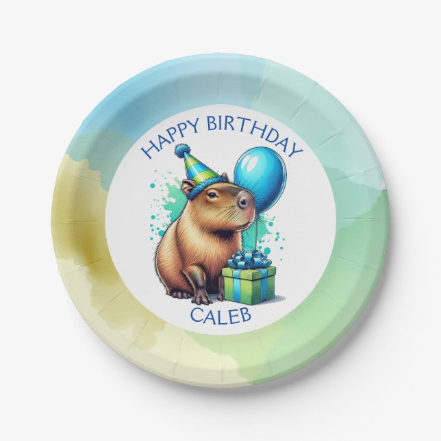  Capybara Themed Boy's Birthday Party Personalized Paper Plates (Front)