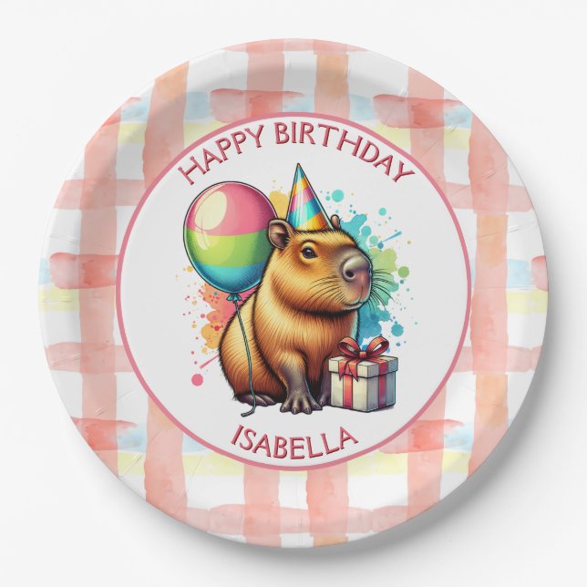 Capybara themed Girl's Birthday Party Paper Plates (Front)