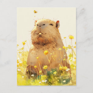 Capybara with Butterfly in Wildflower Meadow Postcard