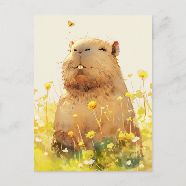 Capybara with Butterfly in Wildflower Meadow Postcard (Front)