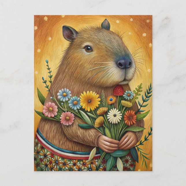 Capybara with flowers folk art postcard (Front)