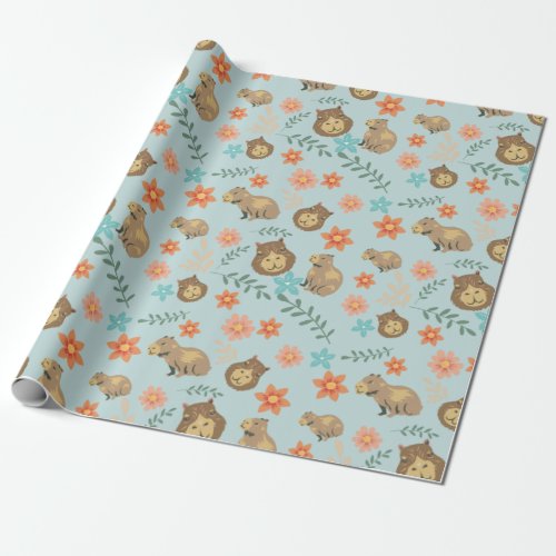 Capybara with flowers pink and green pattern wrapping paper