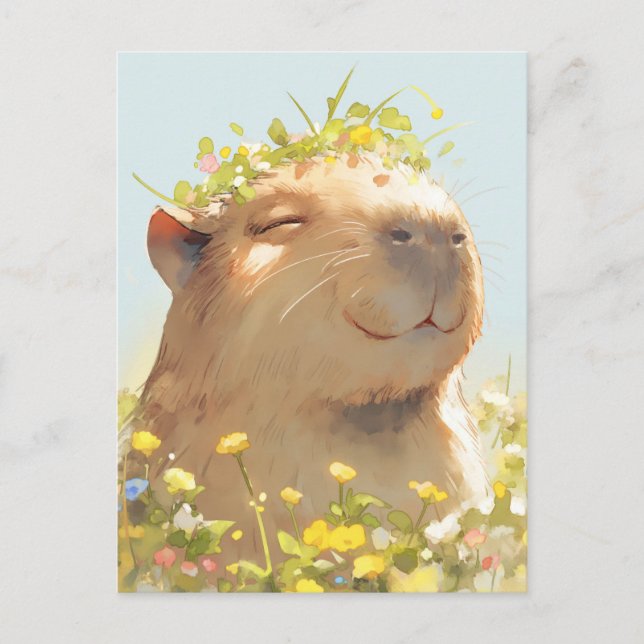 Capybara with Green Wildflower Crown in Meadow Postcard (Front)