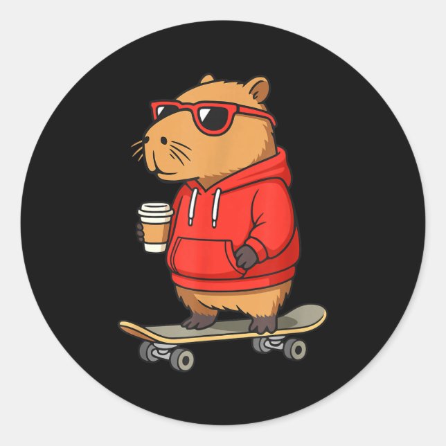 Capybara With Sungles Skater Capy  Classic Round Sticker (Front)