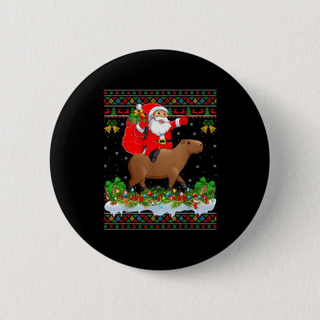 Capybara Xmas Pajamas Ugly Santa Riding Capybara C Button (Front)