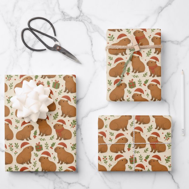 Capybaras at Christmas Wrapping Paper Sheets (Front)