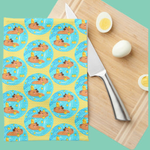Capybaras In Water With Oranges Kitchen Towel