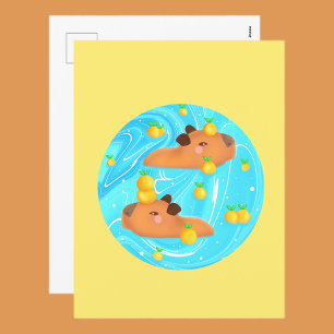 Capybaras In Water With Oranges Postcard