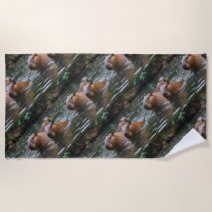 Capybaras' Swimming In The River, Beach Towel