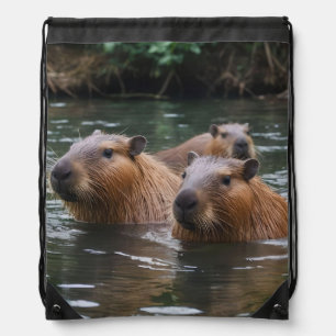 Capybaras' Swimming In The River,  Drawstring Bag