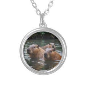 Capybara's Swimming In The River, Silver Plated Necklace