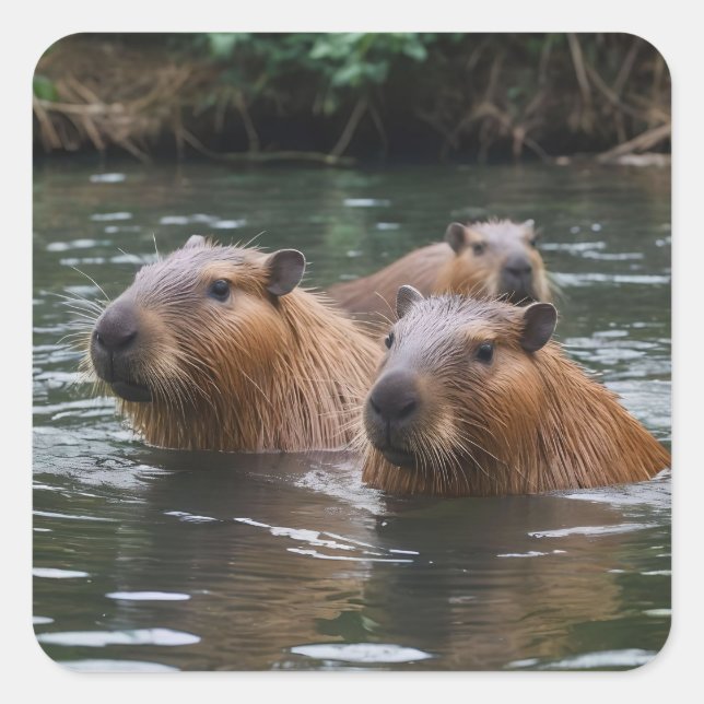 Capybaras' Swimming In The River,  Square Sticker (Front)