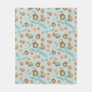 Capybaras with flowers green fleece blanket