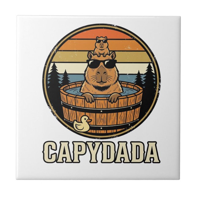 Capydada Capybara Dad Retro Hot Tub Vector Design_ Ceramic Tile (Front)