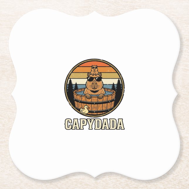 Capydada Capybara Dad Retro Hot Tub Vector Design_ Paper Coaster (Front)